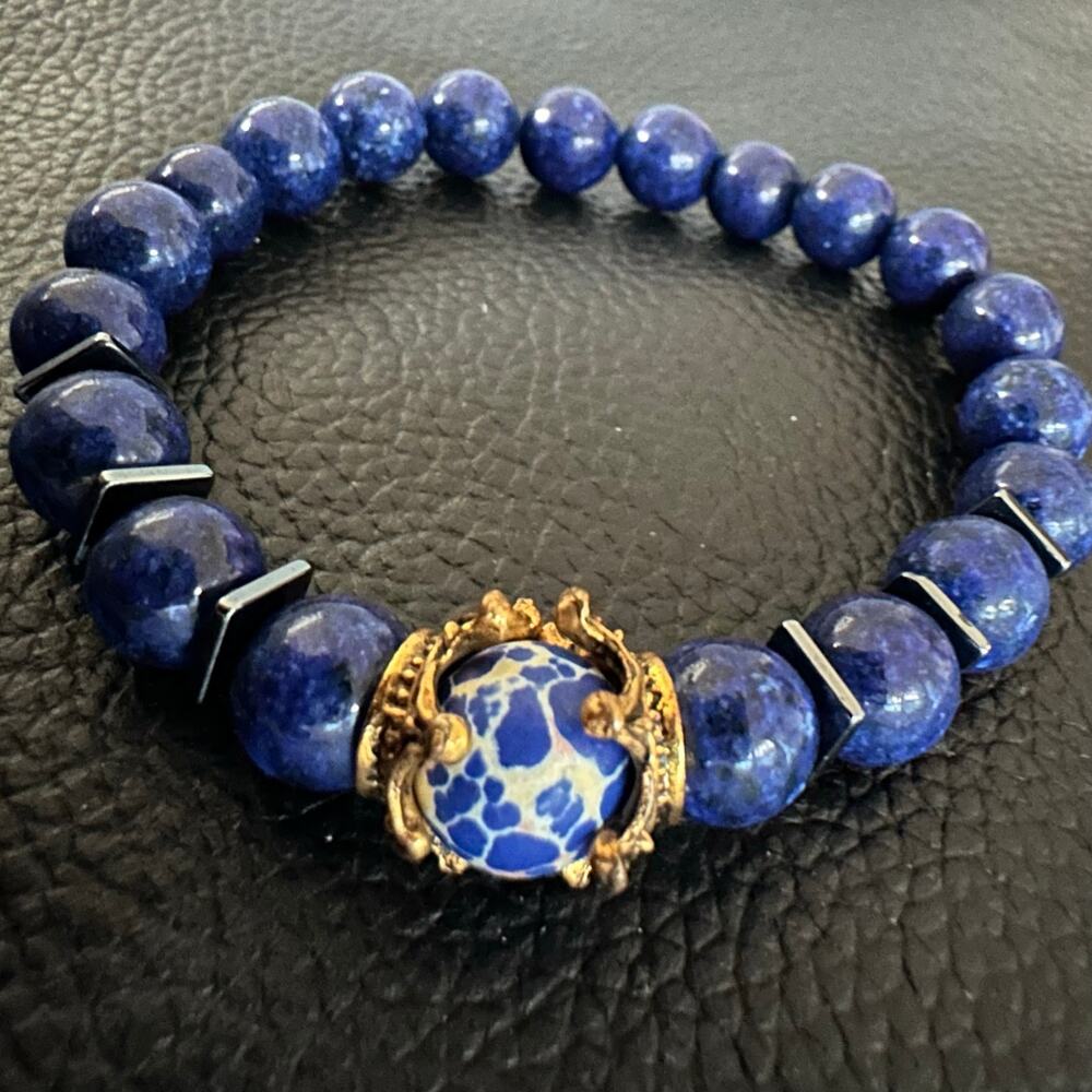 Lapis Bracelet w/ Gold Tone Filigree Accents